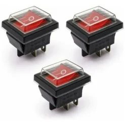 3Pcs Interrupteur à Bascule Lumière Rouge ON/OFF Avec Couvercle étanche 16 A/250 V CA(DPST)