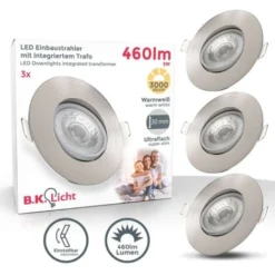 B.K.Licht Lot De 3 Spots à Encastrer IP23 Ultraplats 24mm, Orientables, Ø90mm, Nickel Mat, éclairage Plafond Encastrable, Platines LED 5W, 460Lm, Blanc Chaud 3000K