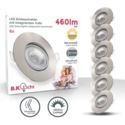 B.K.Licht Lot De 6 Spots à Encastrer IP23 Ultraplats 24mm, Orientables, Ø90mm, Nickel Mat, éclairage Plafond Encastrable, Platines LED 4,9W, 480Lm, Blanc Chaud 3000K