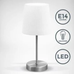 B.K.Licht Lampe De Table Design Moderne, Tissu Blanc, Pied Métal Nickel Mat, Pour Ampoule LED E14, IP20