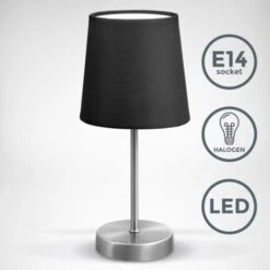 B.K.Licht Lampe De Table Design Moderne, Tissu Noir, Pied Métal Nickel Mat, Pour Ampoule LED E14, IP20