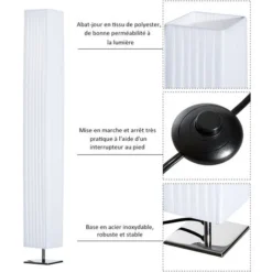 HOMCOM Lampe Lampadaire Colonne Sur Pied Moderne Lumière Tamisée 40 W 14L X 14l X 120H Cm Inox Blanc -Éclairage Domestique 25007771 5