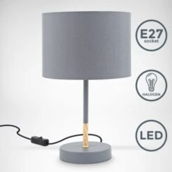 Lampe De Table Tissu Gris, Douille E27, Ø 20cm, Interrupteur Câble, Câble De 140cm Lampe De Chevet