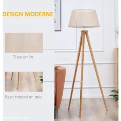HOMCOM Lampadaire Trépied Design Scandinave Dim. 59L X 59l X 152H Cm 40 W Max. Piètement Bambou Effilé Abat-jour Toile Aspect Lin Beige -Éclairage Domestique 53570034 4