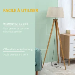 HOMCOM Lampadaire Trépied Design Scandinave Dim. 59L X 59l X 152H Cm 40 W Max. Piètement Bambou Effilé Abat-jour Toile Aspect Lin Beige -Éclairage Domestique 53570034 5