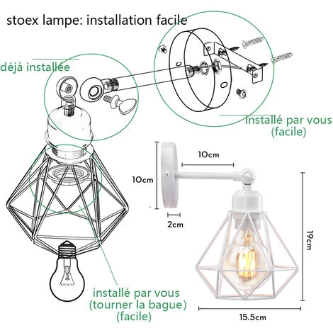 Applique Murale Diamant Intérieur Industriel Réglable En Métal , Stoex Vintage Éclairage Mural Cage E27, Luminaire Murale Max 60W Pour Chambre Cuisine Salle à Manger, Blanc 5 Applique Murale Diamant Intérieur Industriel Réglable En Métal , Stoex Vintage Éclairage Mural Cage E27, Luminaire Murale Max 60W Pour Chambre Cuisine Salle à Manger, Blanc – Image 5