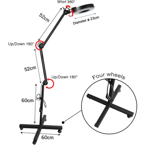 LAMPE AVEC ÉCLAIRAGE ET PIED -Lampe De Manucure à DEL Lampe Grossissante à DEL Avec Support Laminé Pour Une Utilisation Mobile -Avec Roue -Noir 2 LAMPE AVEC ÉCLAIRAGE ET PIED -Lampe De Manucure à DEL Lampe Grossissante à DEL Avec Support Laminé Pour Une Utilisation Mobile -Avec Roue -Noir – Image 2