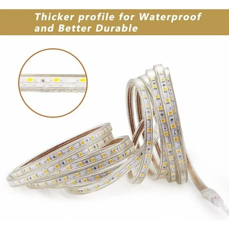 Ruban Led 3M, Très Lumineux Bandeau Led 220v Avec Interrupteur,5050 IP65 Etanche, Blanc Chaud 2 Ruban Led 3M, Très Lumineux Bandeau Led 220v Avec Interrupteur,5050 IP65 Etanche, Blanc Chaud – Image 2