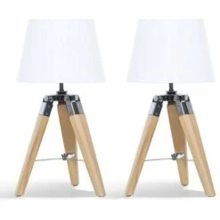 Lot De 2 Lampes De Chevet Trépied HILDA En Bois Clair Blanches