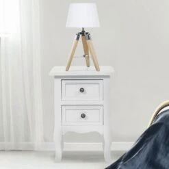 Lot De 2 Lampes De Chevet Trépied HILDA En Bois Clair Blanches -Éclairage Domestique 7773785 4