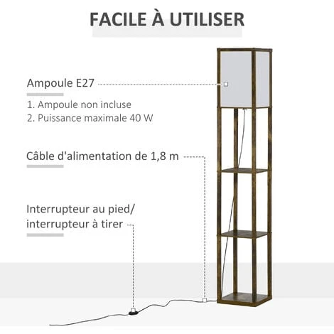 HOMCOM Lampadaire étagère Lampe étagère 26L X 26l X 160H Cm 3 étagères 4 Niveaux MDF Aspect Bois Vieilli 5 HOMCOM Lampadaire étagère Lampe étagère 26L X 26l X 160H Cm 3 étagères 4 Niveaux MDF Aspect Bois Vieilli – Image 5