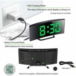 Aunrtb Réveil Numérique Pour Chambres à Coucher, écran Miroir 7'' LED, 2 Luminosités, 12/24H, Température, Date, Veilleuse, Répétition, Chargement USB Et Alimentation Par Batterie (Vert) -Éclairage Domestique 84732672 5