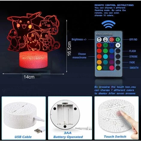 Veilleuse Lampe De Nuit 3D Pokemon Pikachu Lampe De Chevet LED Télécommande Touche 16 Couleurs Changeantes Prise USB 4 Veilleuse Lampe De Nuit 3D Pokemon Pikachu Lampe De Chevet LED Télécommande Touche 16 Couleurs Changeantes Prise USB – Image 4