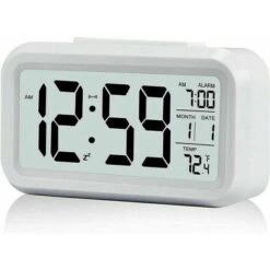 DHKLFA Réveil Digital Réveil Matin, Horloge Numérique Réveil à Pile Silencieux Pour Enfants Adultes Grand écran LED Température Calendrier(Blanc)
