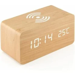 Réveil Numérique, Horloge En Bois Rechargeable Sans Fil，Alarm Réveil LED Avec TempératureSnooze Pour Enfant,Maison,Couleur Du Bois De Bambou