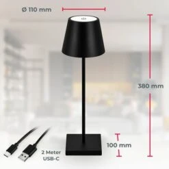 Lampe De Table Rechargeable Dimmable Sans Fil L'intérieur L'extérieur IP54 Fonction Tactile USB-C 2m Noir -Éclairage Domestique 92771447 5