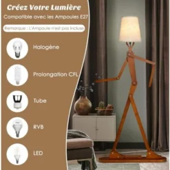 COSTWAY Lampadaire Salon Humanoïde En Bois D'Hévéa Lampadaire Sur Pieds Avec Interrupteur à Pied Et Abat-jour Changeable Pour Salon Chambre à Coucher -Éclairage Domestique 94324451 3